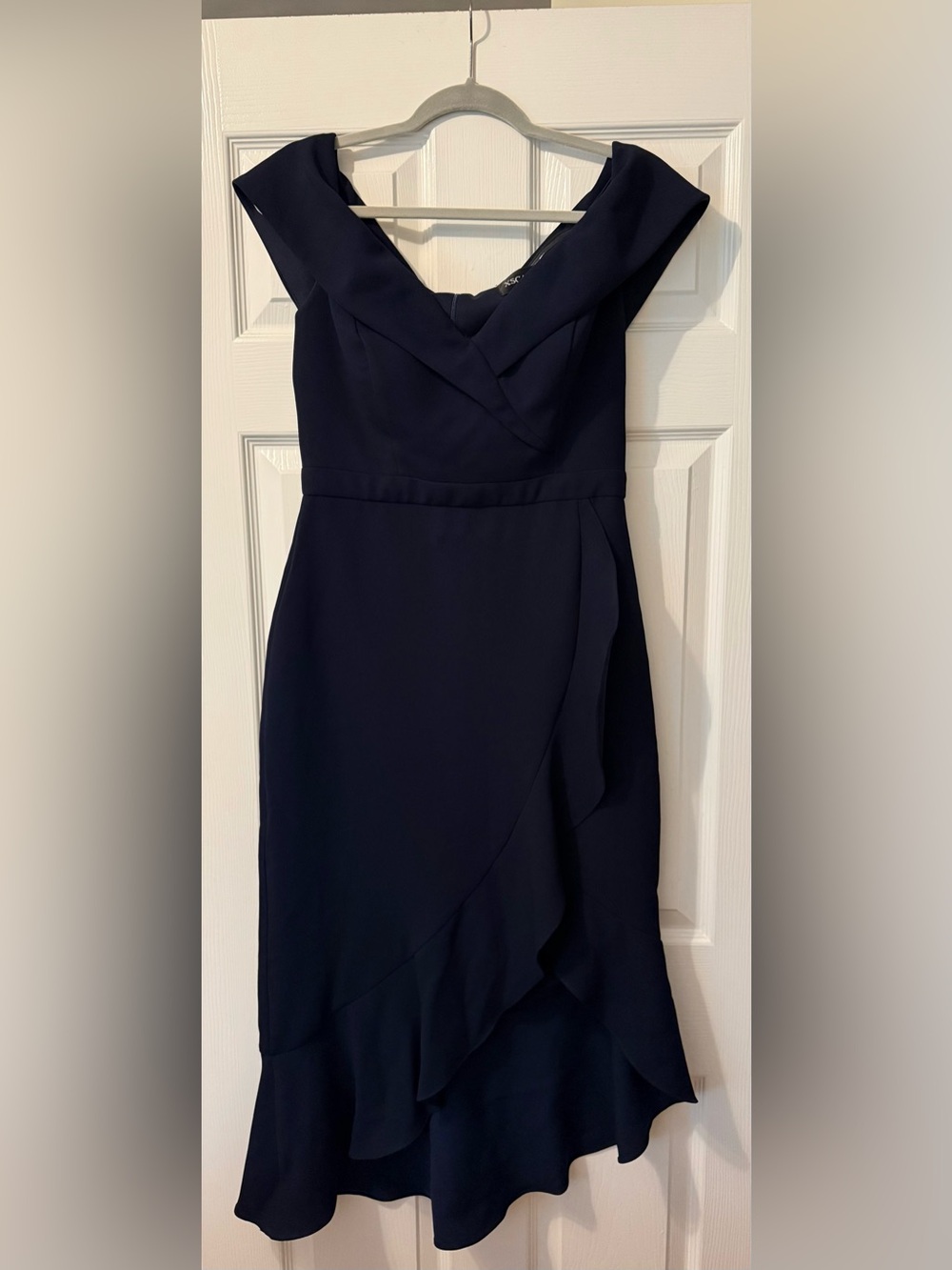 Xscape Off-Shoulder Navy Ruffle Dress
